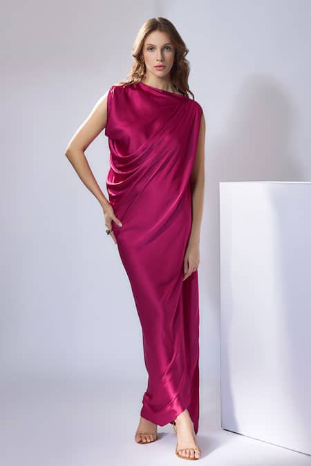 Na-Ka Pink Satin Solid Boat Neck Asymmetric Dress 