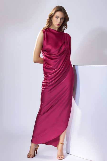 Buy_NA-KA_Pink Satin Boat Neck Asymmetric Solid Dress _Online_at_Aza_Fashions