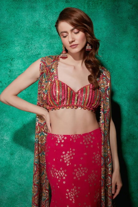 Saaj By Ankita Pink Georgette Beads, Sequins Sweetheart Neck Floral Mukaish Lehenga Set Online at Aza Fashions Saaj By Ankita_Pink Georgette Beads, Sequins Sweetheart Neck Floral Mukaish Lehenga Set _Online_at_Aza_Fashions