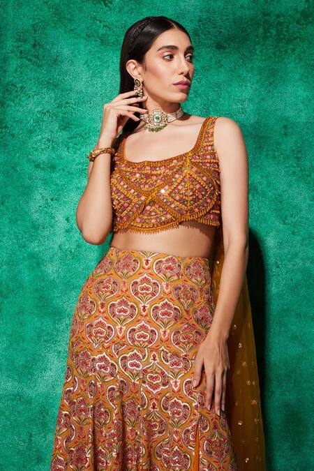 Buy_Saaj By Ankita_Yellow Georgette Sequins, Beads Square Printed And Embroidered Lehenga Blouse Set_Online_at_Aza_Fashions