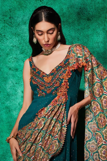 Saaj By Ankita_Green Georgette Embroidery Beads V Neck Mirror Work And Jumpsuit _Online_at_Aza_Fashions