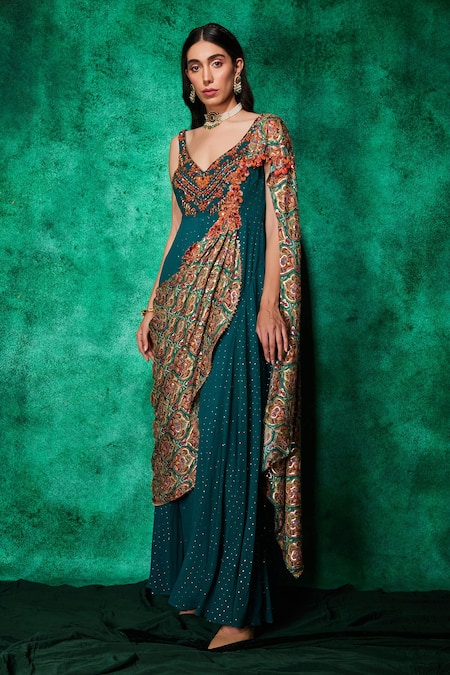 Buy_Saaj By Ankita_Green Georgette Embroidery Beads V Neck Mirror Work And Jumpsuit _Online_at_Aza_Fashions