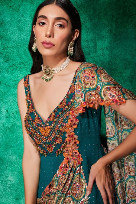 Shop_Saaj By Ankita_Green Georgette Embroidery Beads V Neck Mirror Work And Jumpsuit _Online_at_Aza_Fashions