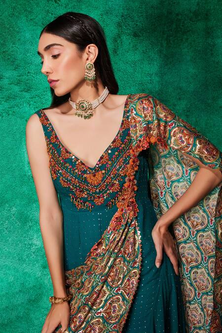 Saaj By Ankita_Green Georgette Embroidery Beads V Neck Mirror Work And Jumpsuit _at_Aza_Fashions