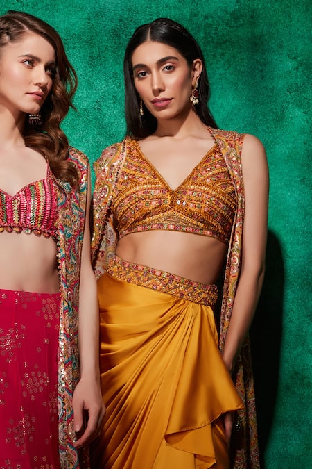 Saaj By Ankita Yellow Georgette, Satin Beads, Sequins, Mustard Blouse And Draped Skirt Set Online at Aza Fashions Saaj By Ankita_Yellow Georgette, Satin Beads, Sequins, Mustard Blouse And Draped Skirt Set _Online_at_Aza_Fashions