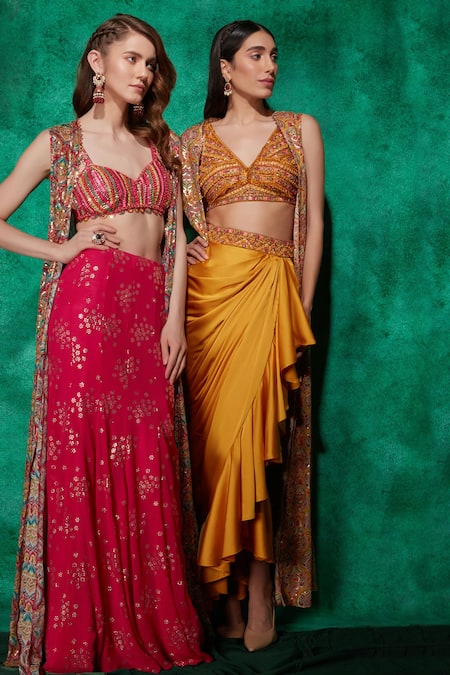 Buy Saaj By Ankita Yellow Georgette, Satin Beads, Sequins, Mustard Blouse And Draped Skirt Set Online at Aza Fashions Buy_Saaj By Ankita_Yellow Georgette, Satin Beads, Sequins, Mustard Blouse And Draped Skirt Set _Online_at_Aza_Fashions