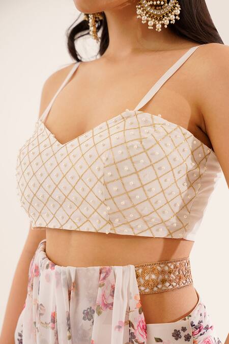 Tuli White Georgette, Linen Pearls, Metallic Thread Raga Chakori Embroidered Blouse Online at Aza Fashions Tuli_White Georgette, Linen Pearls, Metallic Thread Raga Chakori Embroidered Blouse _Online_at_Aza_Fashions