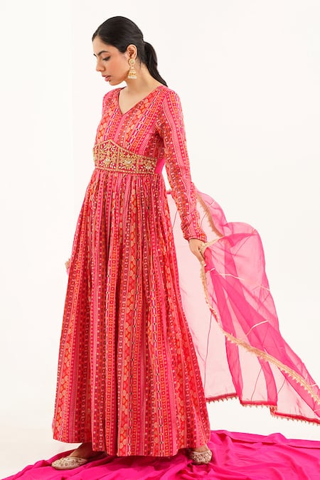 Avaha Pink Viscose Silk Printed And Phula Ghamzeh Anarkali With Dupatta 