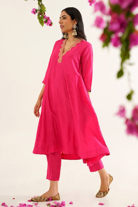 Shop Tuli Pink Embroidery V-neck Batasi Kaveri Anarkali Kurta And Pant Set Online at Aza Fashions Shop_Tuli_Pink Embroidery V-neck Batasi Kaveri Anarkali Kurta And Pant Set _Online_at_Aza_Fashions