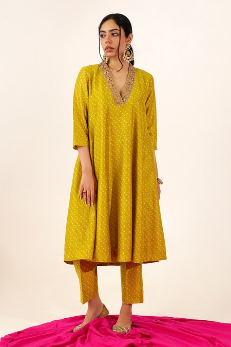 Avaha Yellow Chanderi Printed Sudara Veda Anarkali Kurta And Pant Set 