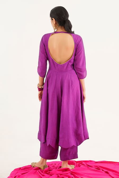 Shop Tuli Purple Georgette, Denim Embroidery V-neck Sudara Zuha Anarkali Kurta And Pant Set at Aza Fashions Shop_Tuli_Purple Georgette, Denim Embroidery V-neck Sudara Zuha Anarkali Kurta And Pant Set _at_Aza_Fashions