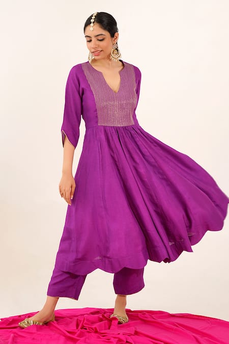 Shop Tuli Purple Georgette, Denim Embroidery V-neck Sudara Zuha Anarkali Kurta And Pant Set Online at Aza Fashions Shop_Tuli_Purple Georgette, Denim Embroidery V-neck Sudara Zuha Anarkali Kurta And Pant Set _Online_at_Aza_Fashions
