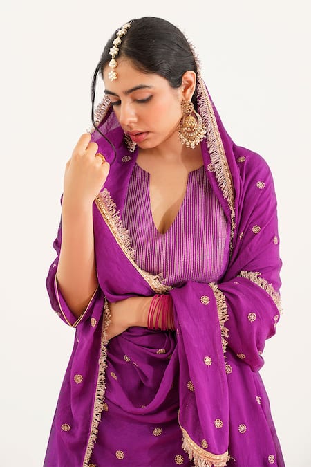 Tuli Purple Georgette, Denim Embroidery V-neck Sudara Zuha Anarkali Kurta And Pant Set at Aza Fashions Tuli_Purple Georgette, Denim Embroidery V-neck Sudara Zuha Anarkali Kurta And Pant Set _at_Aza_Fashions