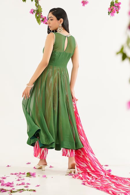 Shop Tuli Green Georgette, Chiffon Embroidery Round Raga Malar Anarkali Kurta And Pant Set at Aza Fashions Shop_Tuli_Green Georgette, Chiffon Embroidery Round Raga Malar Anarkali Kurta And Pant Set _at_Aza_Fashions