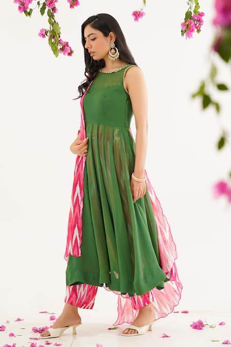 Tuli Green Georgette, Chiffon Embroidery Round Raga Malar Anarkali Kurta And Pant Set Online at Aza Fashions Tuli_Green Georgette, Chiffon Embroidery Round Raga Malar Anarkali Kurta And Pant Set _Online_at_Aza_Fashions