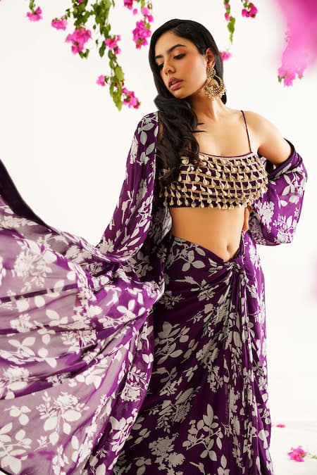 Tuli_Purple Chiffon Round , Open Raga Kunti Printed Jacket And Skirt Set _Online_at_Aza_Fashions