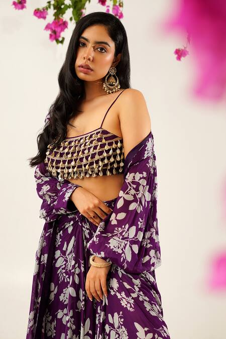 Buy_Tuli_Purple Chiffon Round , Open Raga Kunti Printed Jacket And Skirt Set _Online_at_Aza_Fashions