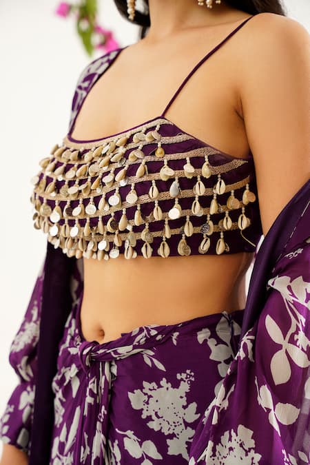 Shop_Tuli_Purple Chiffon Round , Open Raga Kunti Printed Jacket And Skirt Set _Online_at_Aza_Fashions