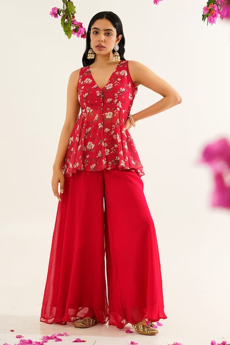 Avaha Red Georgette Printed Floral Raga Janani Peplum Top And Sharara Set 