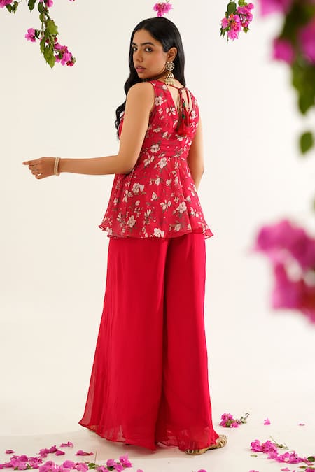 Shop Tuli Red Georgette V-neck Raga Janani Peplum Top And Sharara Set at Aza Fashions Shop_Tuli_Red Georgette V-neck Raga Janani Peplum Top And Sharara Set _at_Aza_Fashions