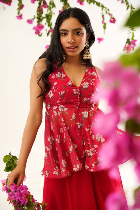 Shop Tuli Red Georgette V-neck Raga Janani Peplum Top And Sharara Set Online at Aza Fashions Shop_Tuli_Red Georgette V-neck Raga Janani Peplum Top And Sharara Set _Online_at_Aza_Fashions