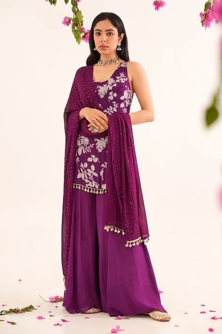 Avaha Purple Kurta Chinnon Chiffon Printed Floral Raga Neeralya And Sharara Set 