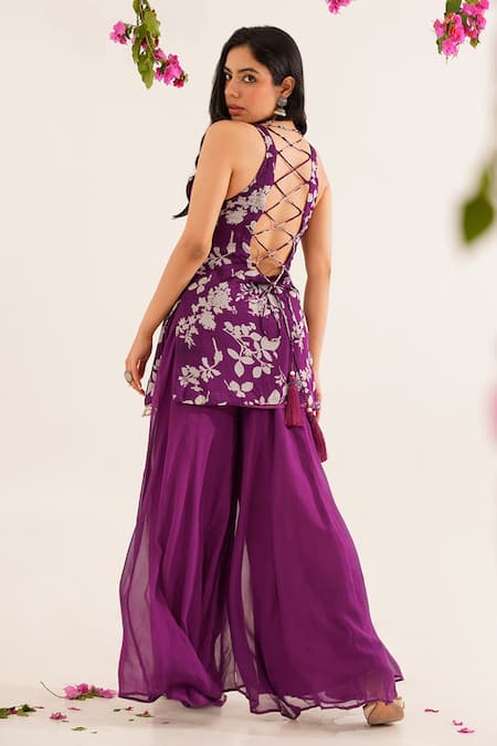Shop Tuli Purple Chiffon, Georgette Sequins Raga Neeralya Printed Kurta And Sharara Set at Aza Fashions Shop_Tuli_Purple Chiffon, Georgette Sequins Raga Neeralya Printed Kurta And Sharara Set _at_Aza_Fashions