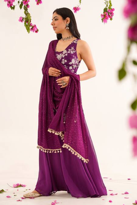 Tuli Purple Chiffon, Georgette Sequins Raga Neeralya Printed Kurta And Sharara Set Online at Aza Fashions Tuli_Purple Chiffon, Georgette Sequins Raga Neeralya Printed Kurta And Sharara Set _Online_at_Aza_Fashions