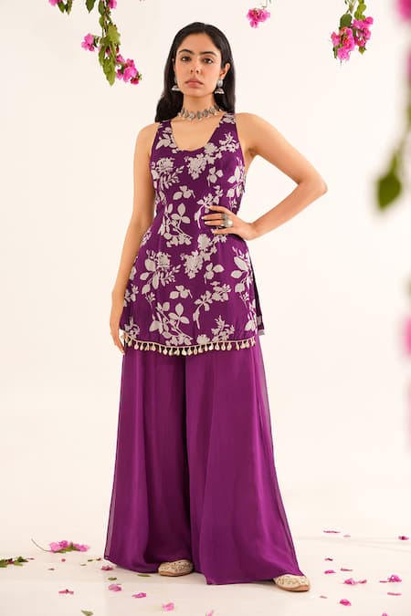 Buy Tuli Purple Chiffon, Georgette Sequins Raga Neeralya Printed Kurta And Sharara Set Online at Aza Fashions Buy_Tuli_Purple Chiffon, Georgette Sequins Raga Neeralya Printed Kurta And Sharara Set _Online_at_Aza_Fashions