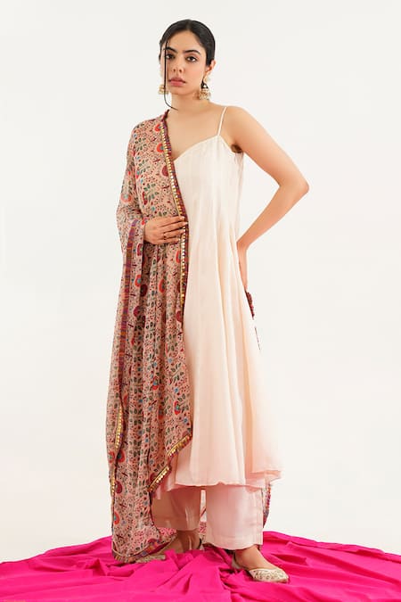 Tuli_Off White Chiffon, Denim Batasi Nahal Stripe Pattern Anarkali Pant Set _Online_at_Aza_Fashions