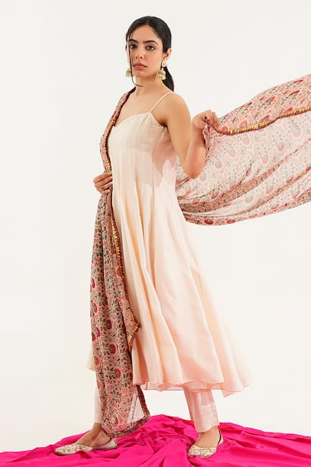 Tuli_Off White Chiffon, Denim Batasi Nahal Stripe Pattern Anarkali Pant Set _at_Aza_Fashions
