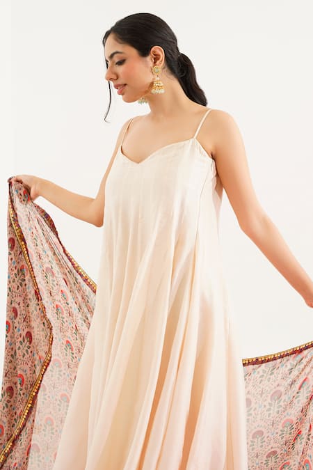 Buy_Tuli_Off White Chiffon, Denim Batasi Nahal Stripe Pattern Anarkali Pant Set 