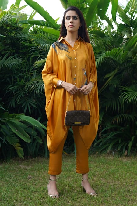 Kyra By Nina + Deepika_Yellow Modal, Satin Collared A Flight Of Dreams Hand Painted Shirt And Pant Set _Online_at_Aza_Fashions