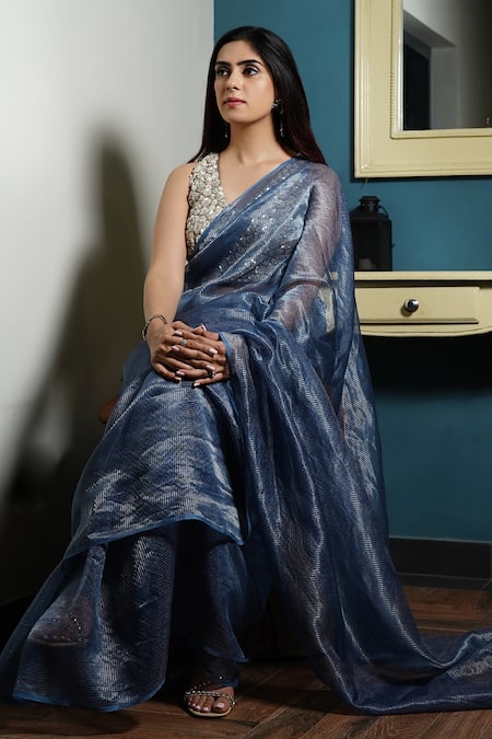 Kyra By Nina + Deepika_Blue Linen, Silk Sequins A Sea Of Sparkles Saree With Hand Embroidered Blouse _Online_at_Aza_Fashions