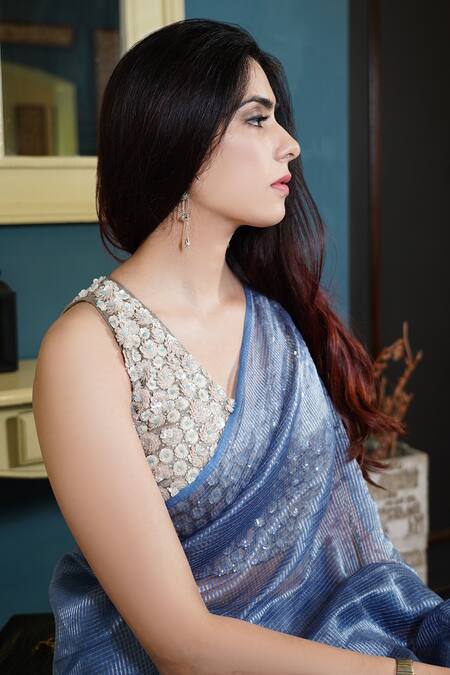 Shop_Kyra By Nina + Deepika_Blue Linen, Silk Sequins A Sea Of Sparkles Saree With Hand Embroidered Blouse _Online_at_Aza_Fashions