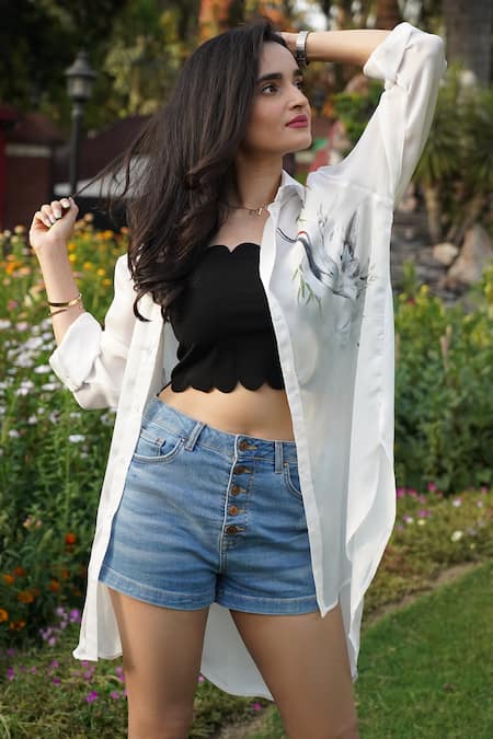 Kyra By Nina + Deepika A Stork Of Luck Hand Painted Shirt 