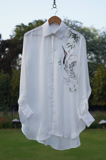 Shop_Kyra By Nina + Deepika_White Modal, Satin Collared A Stork Of Luck Hand Painted Shirt _Online_at_Aza_Fashions