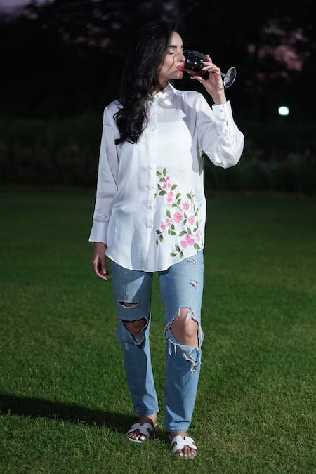 Kyra By Nina + Deepika White Modal, Satin Collared Apple Blossoms Hand Painted Shirt Online at Aza Fashions Kyra By Nina + Deepika_White Modal, Satin Collared Apple Blossoms Hand Painted Shirt _Online_at_Aza_Fashions