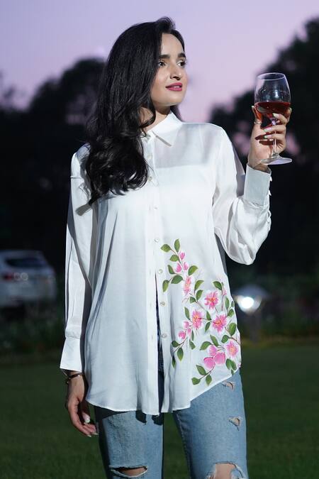 Buy_Kyra By Nina + Deepika_White Modal, Satin Collared Apple Blossoms Hand Painted Shirt _Online_at_Aza_Fashions