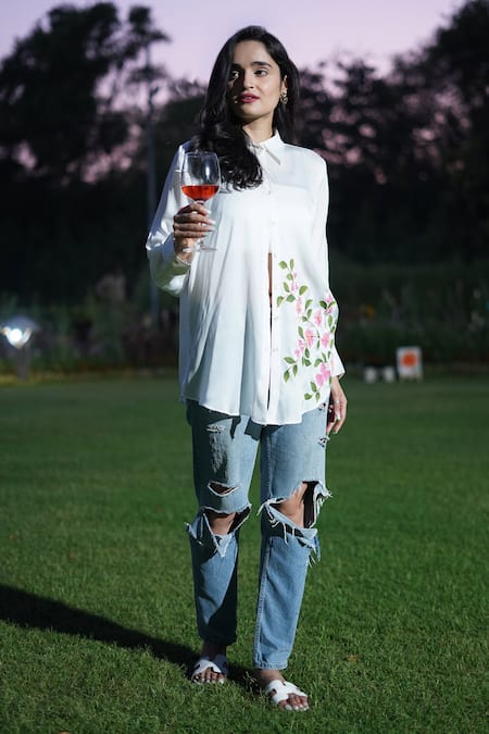 Shop_Kyra By Nina + Deepika_White Modal, Satin Collared Apple Blossoms Hand Painted Shirt _Online_at_Aza_Fashions