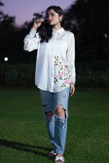 Kyra By Nina + Deepika_White Modal, Satin Collared Apple Blossoms Hand Painted Shirt _at_Aza_Fashions