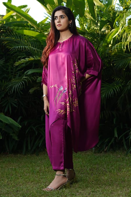 Kyra By Nina + Deepika_Fuchsia Modal, Satin Round Neck Bamboo Serenity Hand Painted Top And Pant Set _Online_at_Aza_Fashions