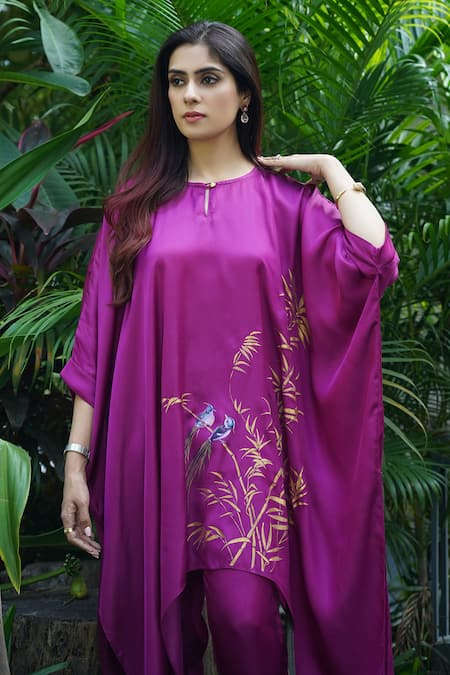 Buy_Kyra By Nina + Deepika_Fuchsia Modal, Satin Round Neck Bamboo Serenity Hand Painted Top And Pant Set _Online_at_Aza_Fashions