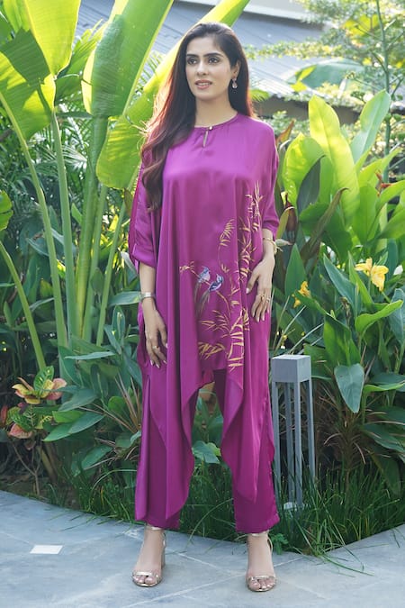 Shop_Kyra By Nina + Deepika_Fuchsia Modal, Satin Round Neck Bamboo Serenity Hand Painted Top And Pant Set _Online_at_Aza_Fashions
