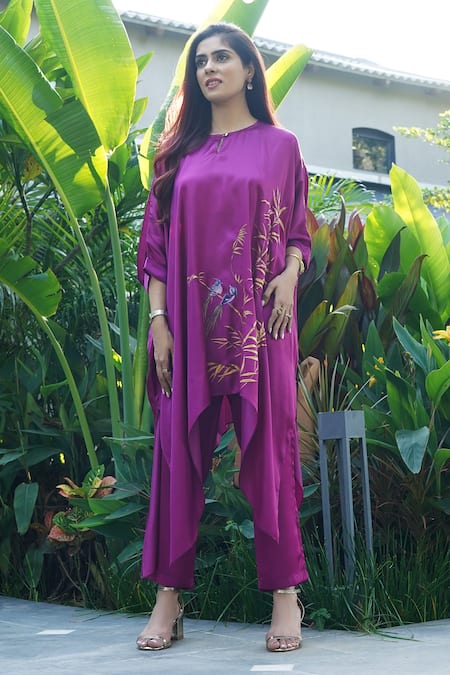 Kyra By Nina + Deepika_Fuchsia Modal, Satin Round Neck Bamboo Serenity Hand Painted Top And Pant Set _at_Aza_Fashions