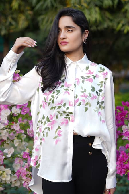 Kyra By Nina + Deepika White Modal, Satin Collared Bougainvilleas Bloom Hand Painted Shirt Online at Aza Fashions Kyra By Nina + Deepika_White Modal, Satin Collared Bougainvilleas Bloom Hand Painted Shirt _Online_at_Aza_Fashions