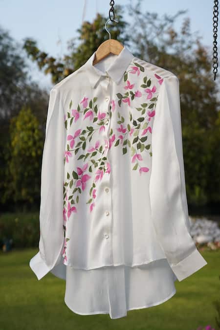 Kyra By Nina + Deepika_White Modal, Satin Collared Bougainvilleas Bloom Hand Painted Shirt _at_Aza_Fashions