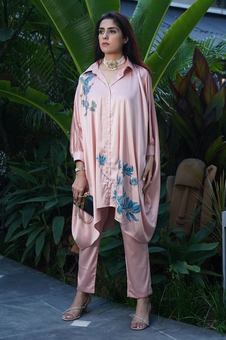 Kyra By Nina + Deepika_Pink Silk, Satin Butterflies In Paradise Hand Painted Shirt And Pant Set _Online_at_Aza_Fashions