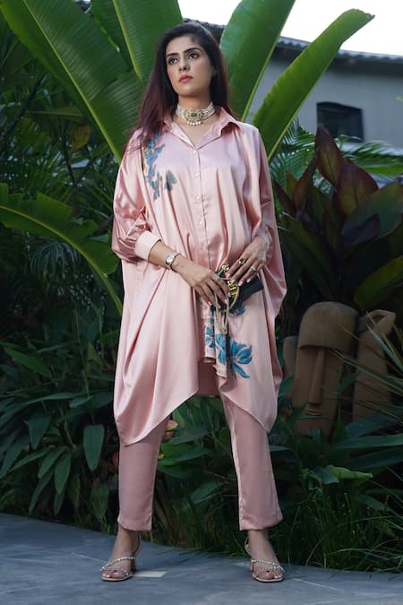 Buy_Kyra By Nina + Deepika_Pink Silk, Satin Butterflies In Paradise Hand Painted Shirt And Pant Set _Online_at_Aza_Fashions