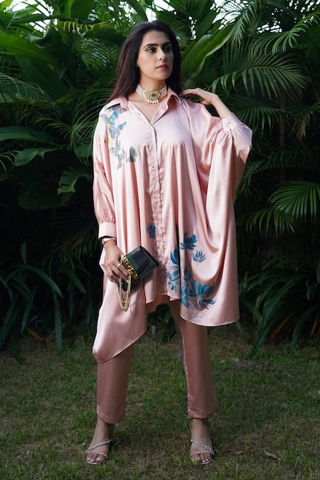 Shop_Kyra By Nina + Deepika_Pink Silk, Satin Butterflies In Paradise Hand Painted Shirt And Pant Set _Online_at_Aza_Fashions